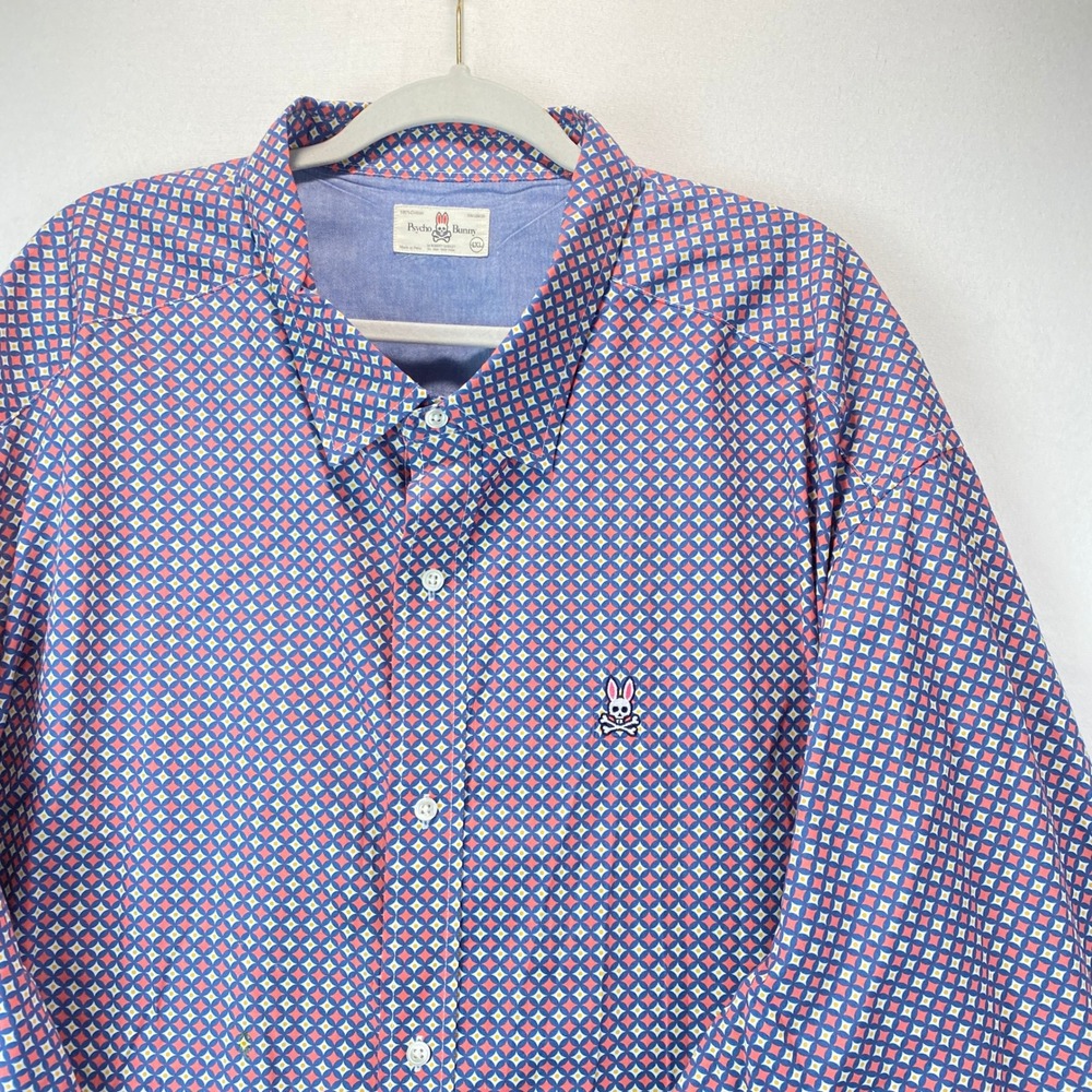 Psycho Bunny Short Sleeve Shirt Mens 4XL Blue Pink Geometric Medallion Cotton